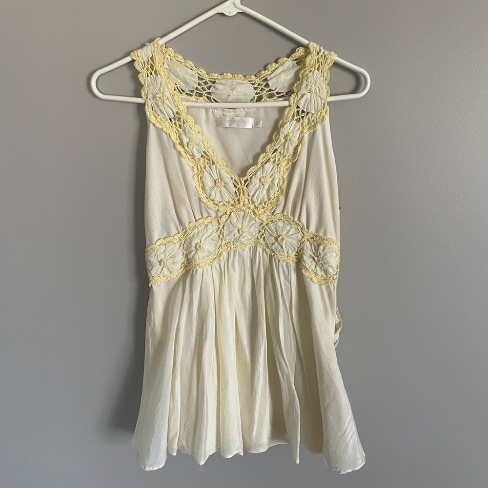 MM Couture pale yellow and white tank with embroidery. Size small.